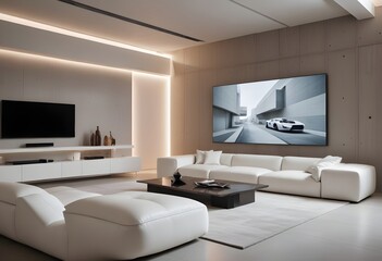 High end modern living room with white leather couch and a large flat screen tv mounted on the wall, brutalist architecture mixed with modern futuristic minimal design