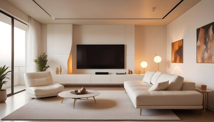 High end modern living room with white leather couch and a large flat screen tv mounted on the wall, brutalist architecture mixed with modern futuristic minimal design