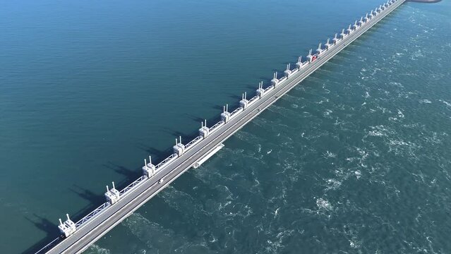 Aerial drone view of storm surge barrier Oosterscheldekering, The Netherlands