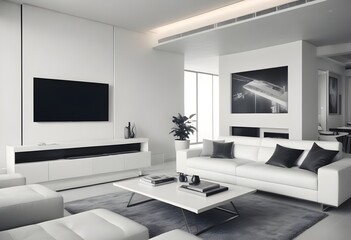 High end modern living room with white leather couch and a large flat screen tv mounted on the wall, brutalist architecture mixed with modern futuristic minimal design