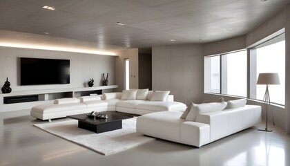 High end modern living room with white leather couch and a large flat screen tv mounted on the wall, brutalist architecture mixed with modern futuristic minimal design