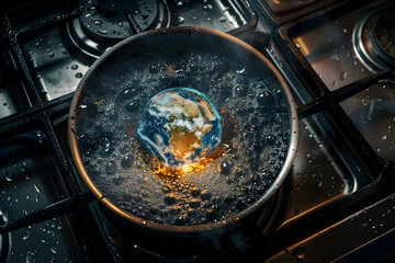 Earth globe inside a boiling pot full of boiling water, the pot is heating on a gas stove, concept of global warming and climate change