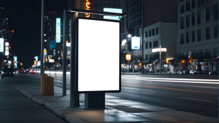 Blank vertical space billboard, blank white signboard on roadside in city, vertical isolated billboard in city at night time, white signboard or light box on roadside for advertising placement