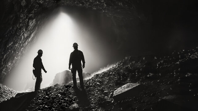 Silhouetten von zwei Bergm&auml;nnern / Bergleuten / Arbeitern in Mine / Stollen / Bergwerk