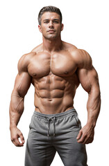 Ein extrem muskulöser Mann - Bodybuilder in einer grauen Jogginghose - freigestellt / isoliert ohne Hintergrund