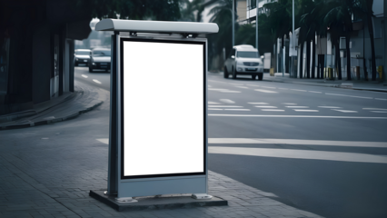 Empty Vertical space advertisement board, blank white signboard on roadside in city, Vertical blank billboard in city in night time, White signboard or lightbox on roadside for advertisement placement