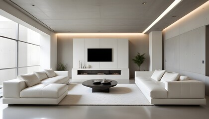 High end modern living room with white leather couch and a large flat screen tv mounted on the wall, brutalist architecture mixed with modern futuristic minimal design