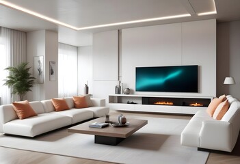 High end modern living room with white leather couch and a large flat screen tv mounted on the wall, brutalist architecture mixed with modern futuristic minimal design