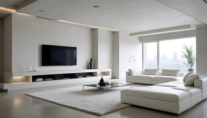 High end modern living room with white leather couch and a large flat screen tv mounted on the wall, brutalist architecture mixed with modern futuristic minimal design