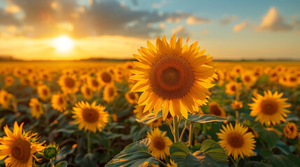 Fototapeta premium Field sunflowers full bloom bathed golden glow sunset, beauty nature warmth summer evening