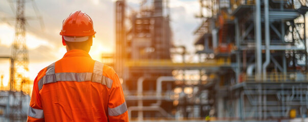 Fototapeta premium A man in an orange safety suit stands in front of a large industrial plant. The sky is orange and the sun is setting