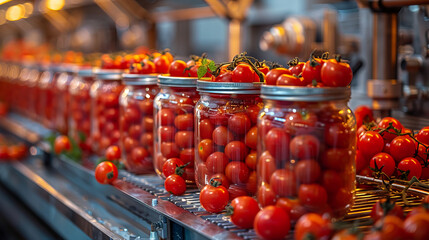 Fresh tomatoes being washed water jets processing facility, processing cooking, work process factory
