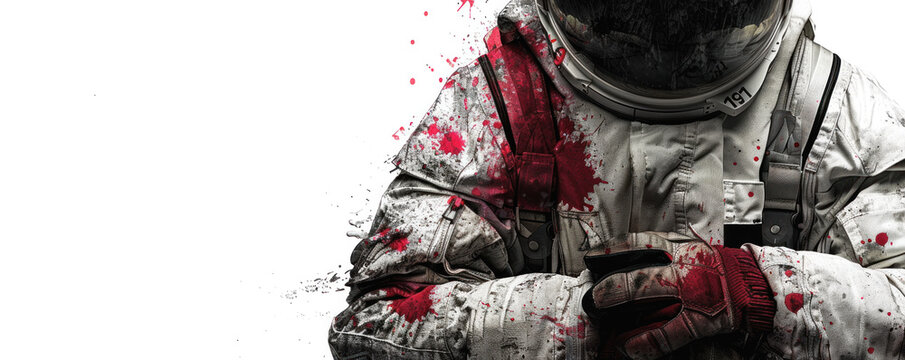 A man in a space suit with red paint on his face and hands. He is holding a cell phone