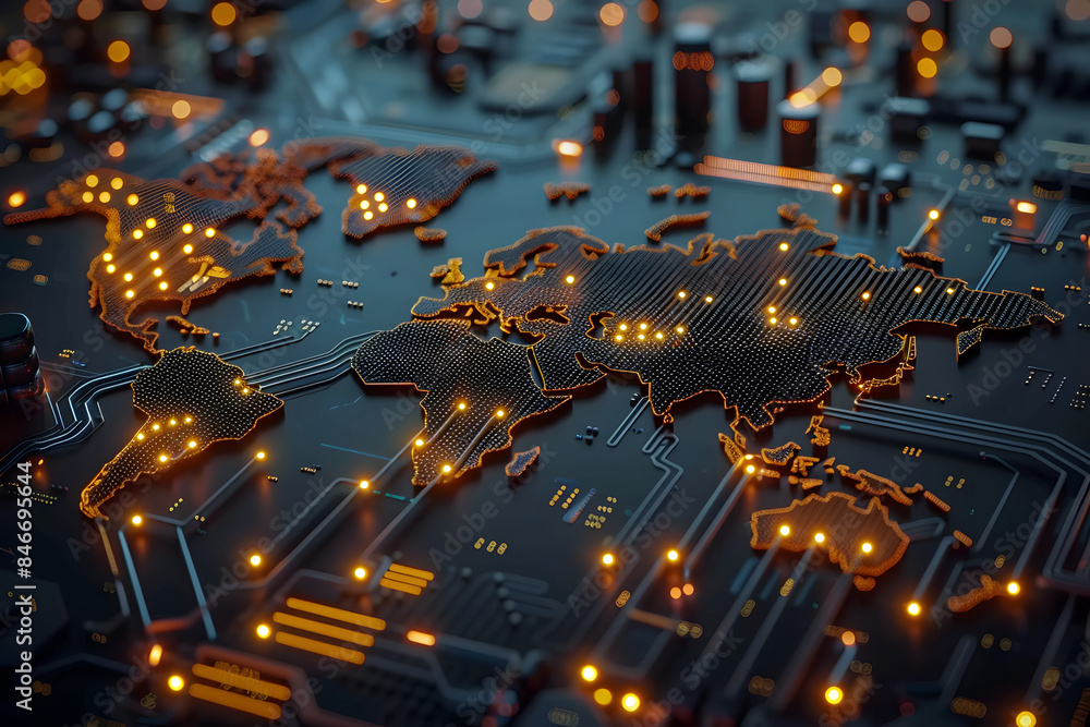 Wall mural glowing circuits in world map shape