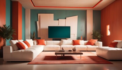 High end modern living room with white leather couch and a large flat screen tv mounted on the wall, brutalist architecture mixed with modern futuristic minimal design