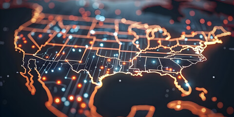 Glowing circuits in USA map shape.
