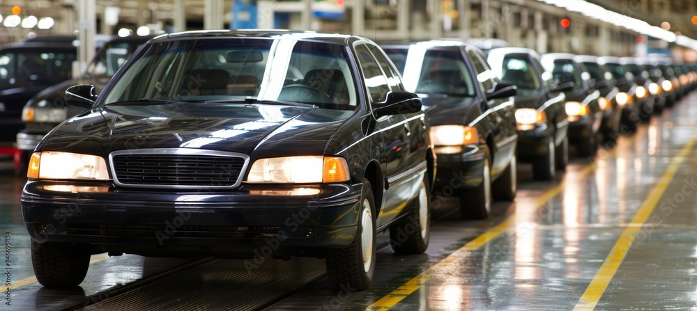 Poster efficient assembly line for modern cars in a bustling and busy factory environment