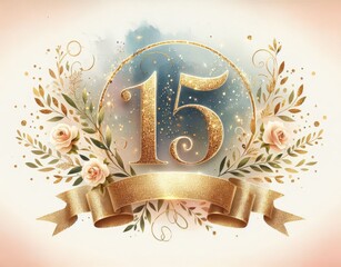 Elegant floral 15th birthday celebration card with golden accents, roses, and decorative elements.