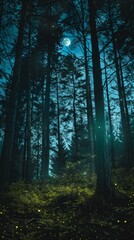 Enchanting night forest scene, capturing the silhouettes of trees and fireflies under the moonlight. Escape from the city, relieve stress, vacation, moon, mid-autumn festival, mist, mystical, holiday,