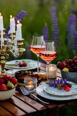 Beautiful elegant outdoor arrangement in meadow with purple blue lupins. Perfect date, private wedding or romantic marriage proposal. Summer, sunset, golden hour. Appetisers, rose wine, strawberry