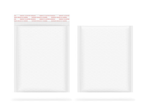 Bubble mailer padded envelope shipping bag opened and closed mockups. Vector illustration isolated on white background. Ready for your design. EPS10.