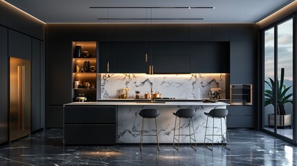 Luxurious modern kitchen with marble detailing