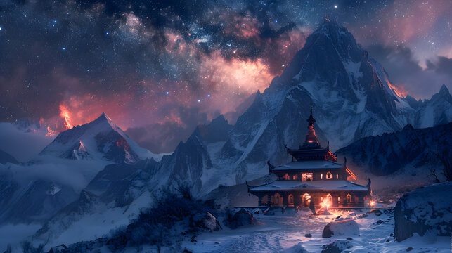 Image of an old Hindu temple in the snow-covered Himalayas