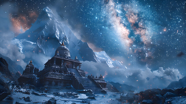 Image of an old Hindu temple in the snow-covered Himalayas