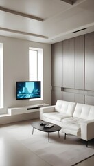 High end modern living room with white leather couch and a large flat screen tv mounted on the wall, brutalist architecture mixed with modern futuristic minimal design