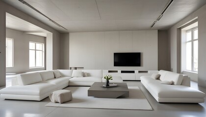 High end modern living room with white leather couch and a large flat screen tv mounted on the wall, brutalist architecture mixed with modern futuristic minimal design