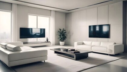 High end modern living room with white leather couch and a large flat screen tv mounted on the wall, brutalist architecture mixed with modern futuristic minimal design
