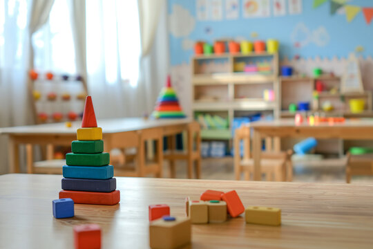 Colorful wooden toy blocks on a table in a preschool classroom There are shelves with toys in the background and a large window to the left