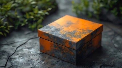 Fototapeta premium A box with a grey and orange color is placed on a stone surface