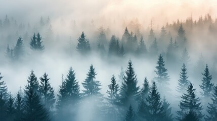 Misty landscape with spruce forest in morning in Mountains. Silhouettes of trees emerge from the fog.