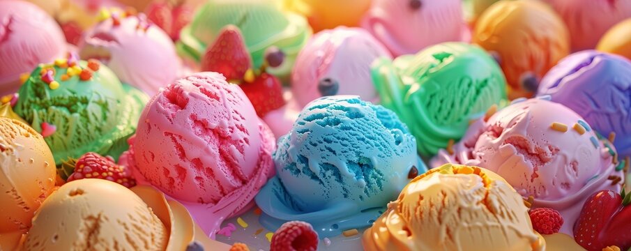 Ice cream social with a variety of flavors, colorful scoops and joyful faces, 4K hyperrealistic photo.