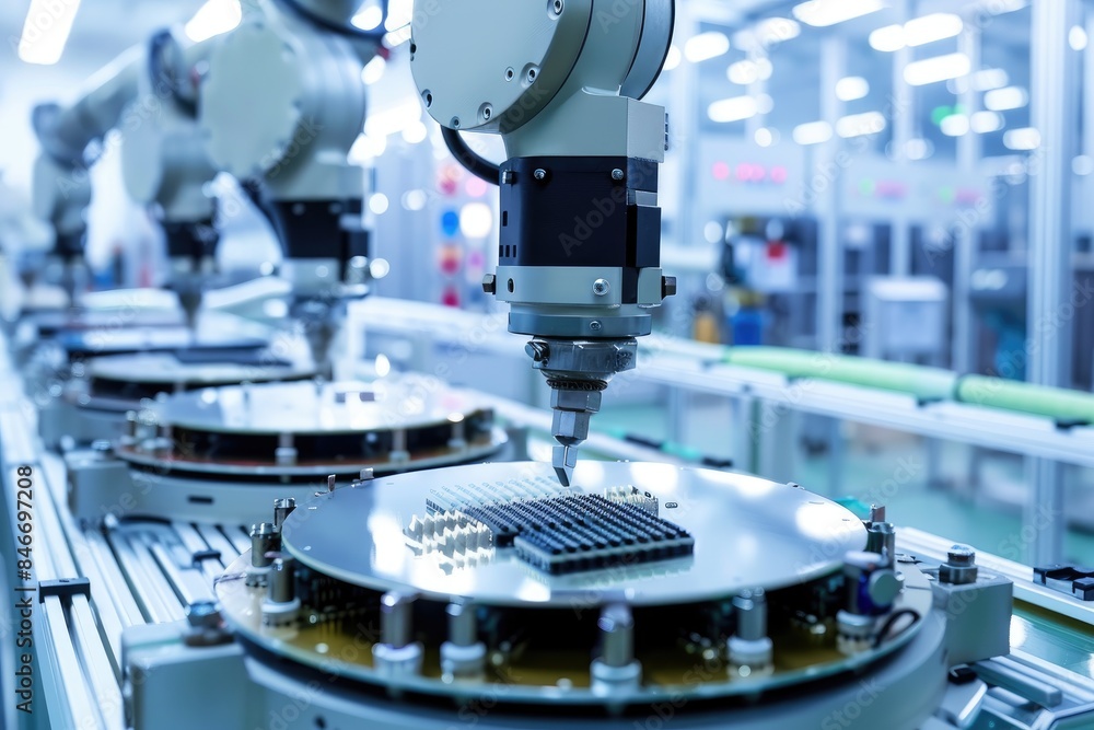 Poster robotic manufacturing of semiconductors and computer chips from silicon wafers. modern technology co