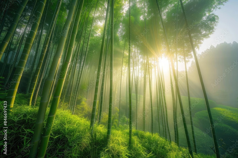 Poster serene bamboo forest with sunlight filtering through, creating a tranquil and mystical atmosphere. i