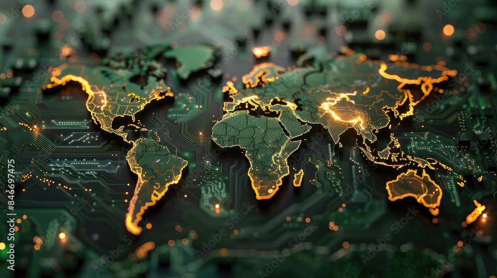 Aufkleber world map digital tech circuit board background