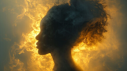 Silhouette of woman with curly hair in swirling smoke