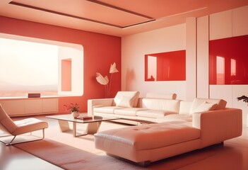 High end modern living room with white leather couch and a large flat screen tv mounted on the wall, brutalist architecture mixed with modern futuristic minimal design