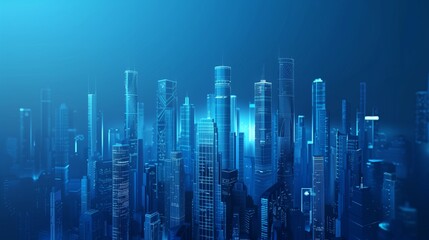 Modern Cityscape with Skyscrapers and Glass Buildings in Blue Shades Symbolizing Innovation and Technology. Representation of Digital Transformation in Real Estate
