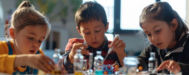 Kids making science projects for National STEM/STEAM Day, November 8th, engaging in hands-on learning, 4K hyperrealistic photo.