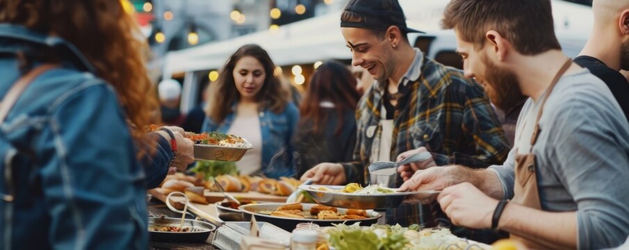 Friends attending a food festival for National Food Day, tasting delicious dishes from various vendors, 4K hyperrealistic photo.