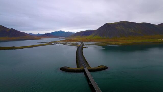Aerial drone view of Viking Bridge, sword shaped bridge on the Snaefellsnes Peninsula, West Iceland
