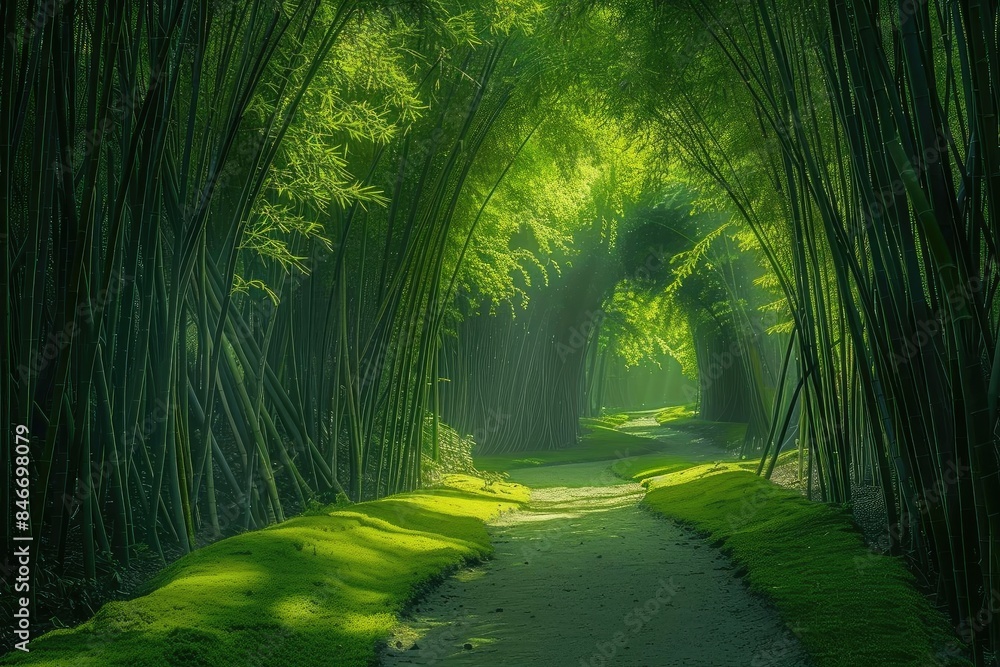 Poster a tranquil pathway through a green bamboo forest with sunlight filtering through the tall, arching b