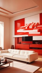 High end modern living room with white leather couch and a large flat screen tv mounted on the wall, brutalist architecture mixed with modern futuristic minimal design