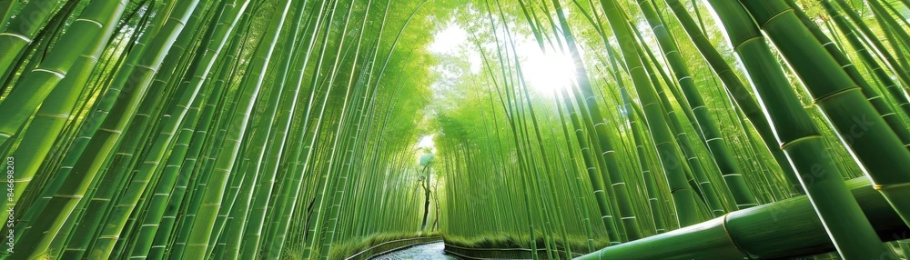 Poster serene bamboo forest with sunlight filtering through the tall, green stalks creating a tranquil and 