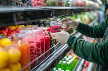 A closeup of an adult woman's hand reaching for the transparent plastic cup with smoothies on display in her grocery store