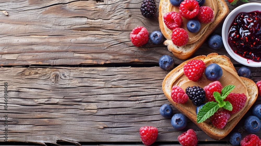 Poster top view of peanut butter and berry jam on toast with wooden background and space for text