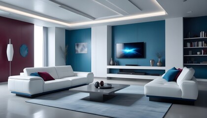 High end modern living room with white leather couch and a large flat screen tv mounted on the wall, brutalist architecture mixed with modern futuristic minimal design